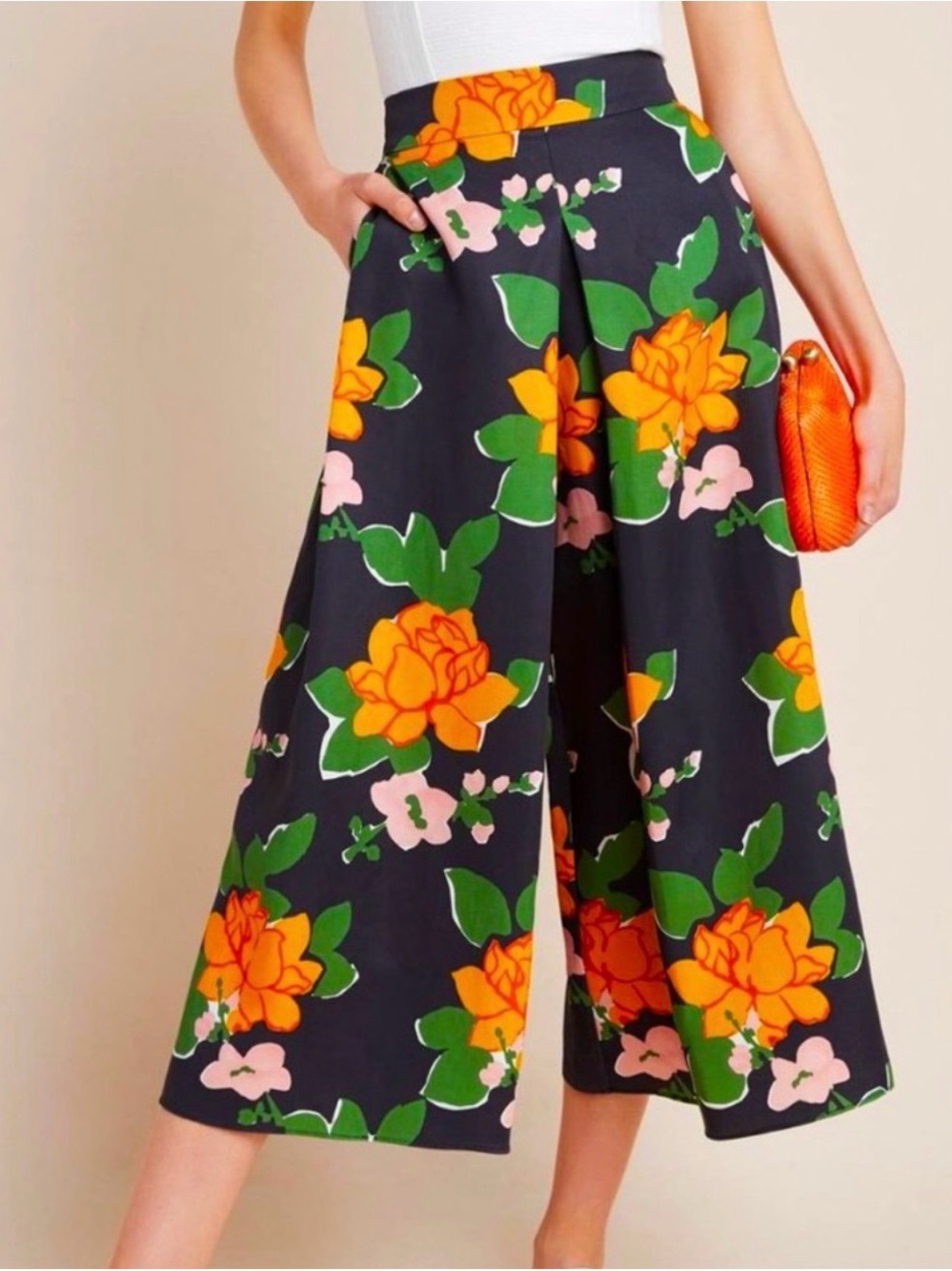 WHIT from Anthropologie Wide-Leg Floral Culotte Pants in Navy, Orange & Green